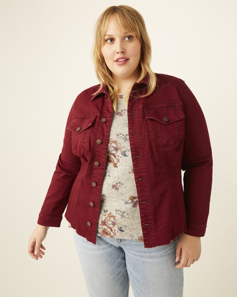 Front of plus size Martha Raw-Hem Denim Jacket by Molly&Isadora | Dia&Co | dia_product_style_image_id:171176